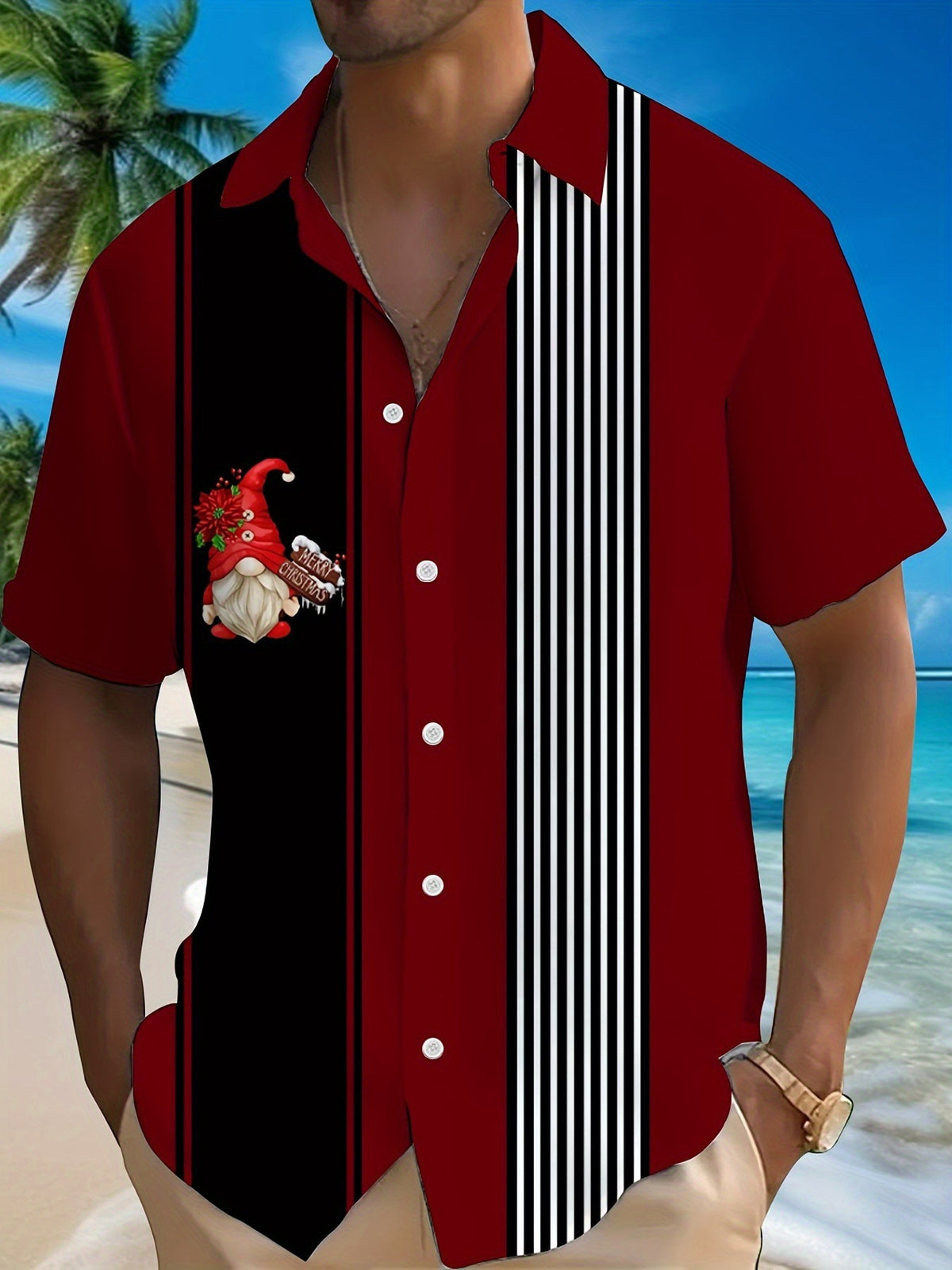 Joel | Pink Cartoon Print Short Sleeve Christmas Blouse for Men
