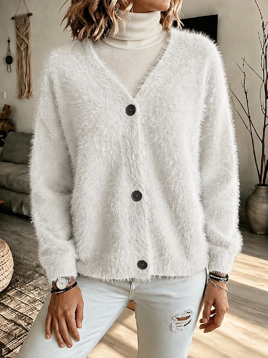 Journee | Fuzzy Knit Button-Front V-Neck Cardigan for Women