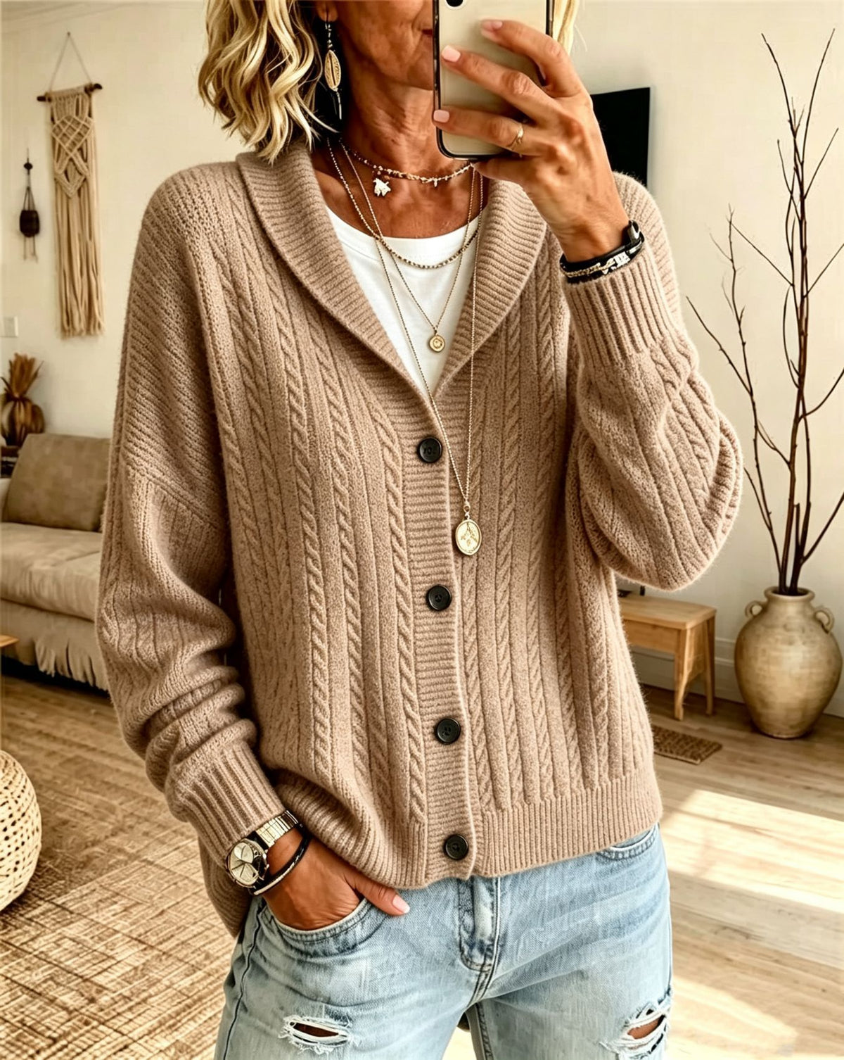 Vreneli | Ribbed Cable Knit Button-Front Cardigan for Women
