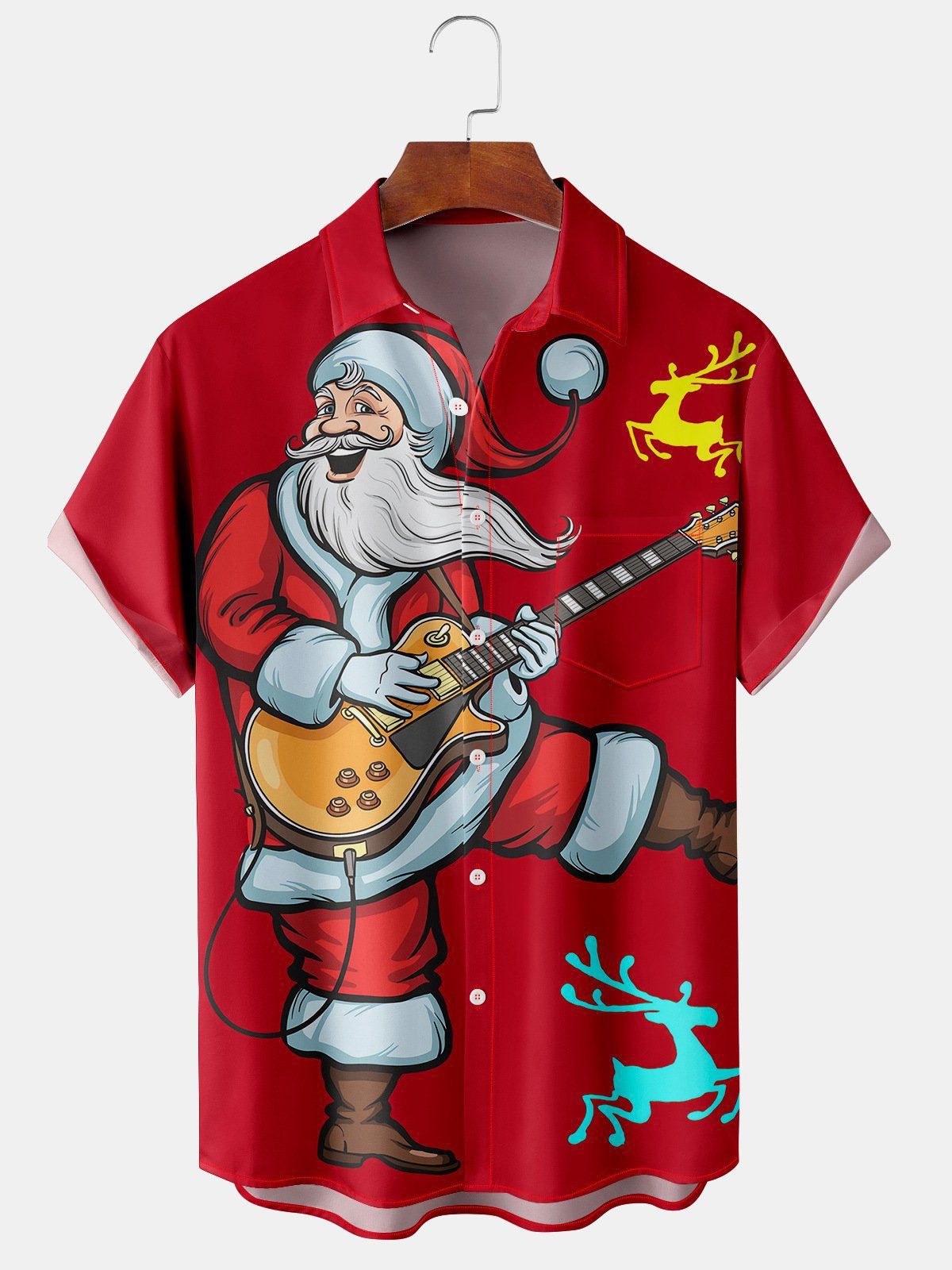 Finlay | Santa Print Button-Down Short Sleeve Christmas Blouse