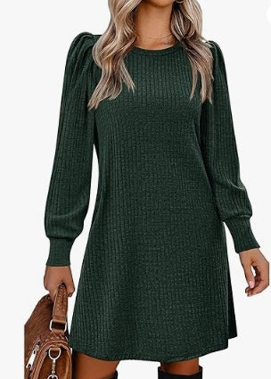 Romana | Ribbed Puff Sleeve A-Line Midi Dress for Women