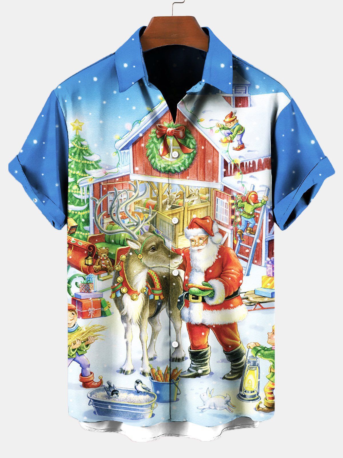Finlay | Santa Print Button-Down Short Sleeve Christmas Blouse
