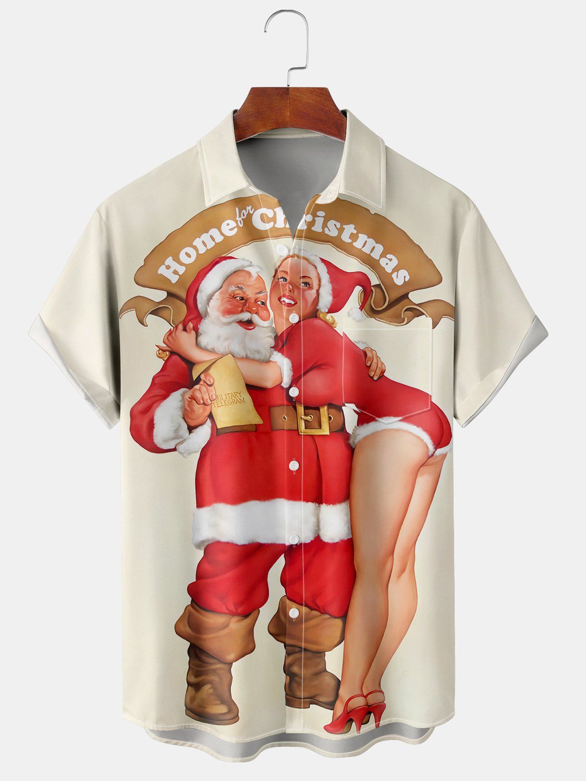Finlay | Santa Print Button-Down Short Sleeve Christmas Blouse