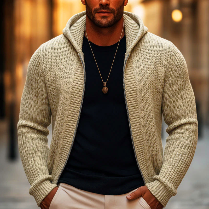 Beda | Ribbed Knit Zip-Up Hooded Cardigan for Men