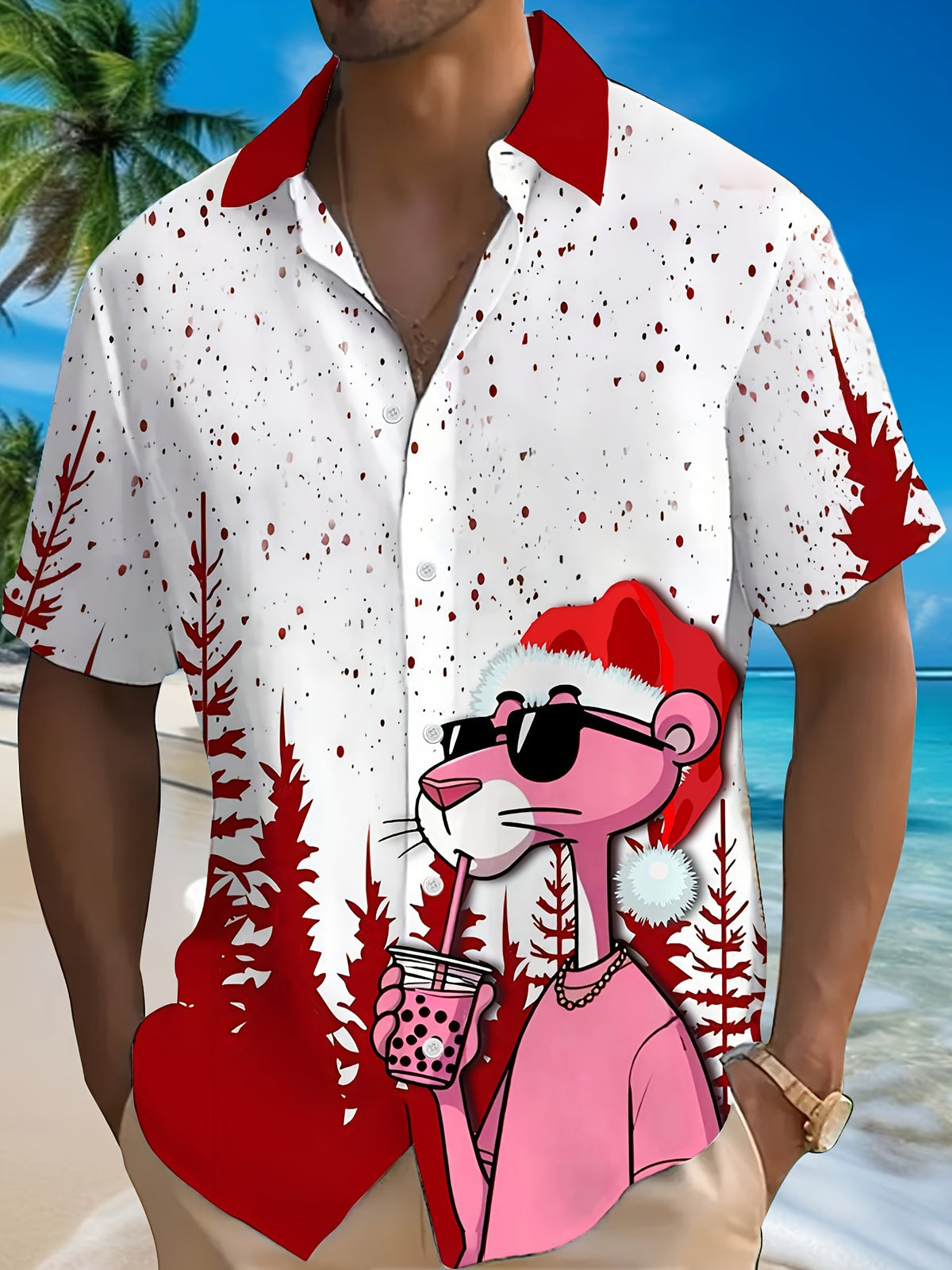 Joel | Pink Cartoon Print Short Sleeve Christmas Blouse for Men