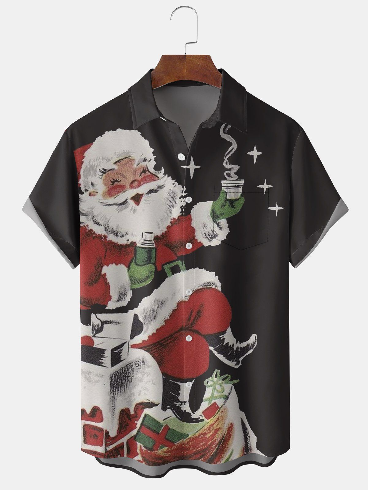 Finlay | Santa Print Button-Down Short Sleeve Christmas Blouse