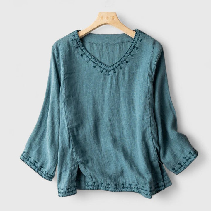 Taysia | Women's V-Neck Blouse Embroidered Long Sleeve Top