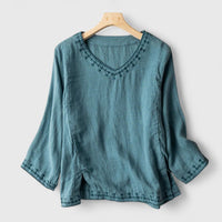Taysia | Women's V-Neck Blouse Embroidered Long Sleeve Top