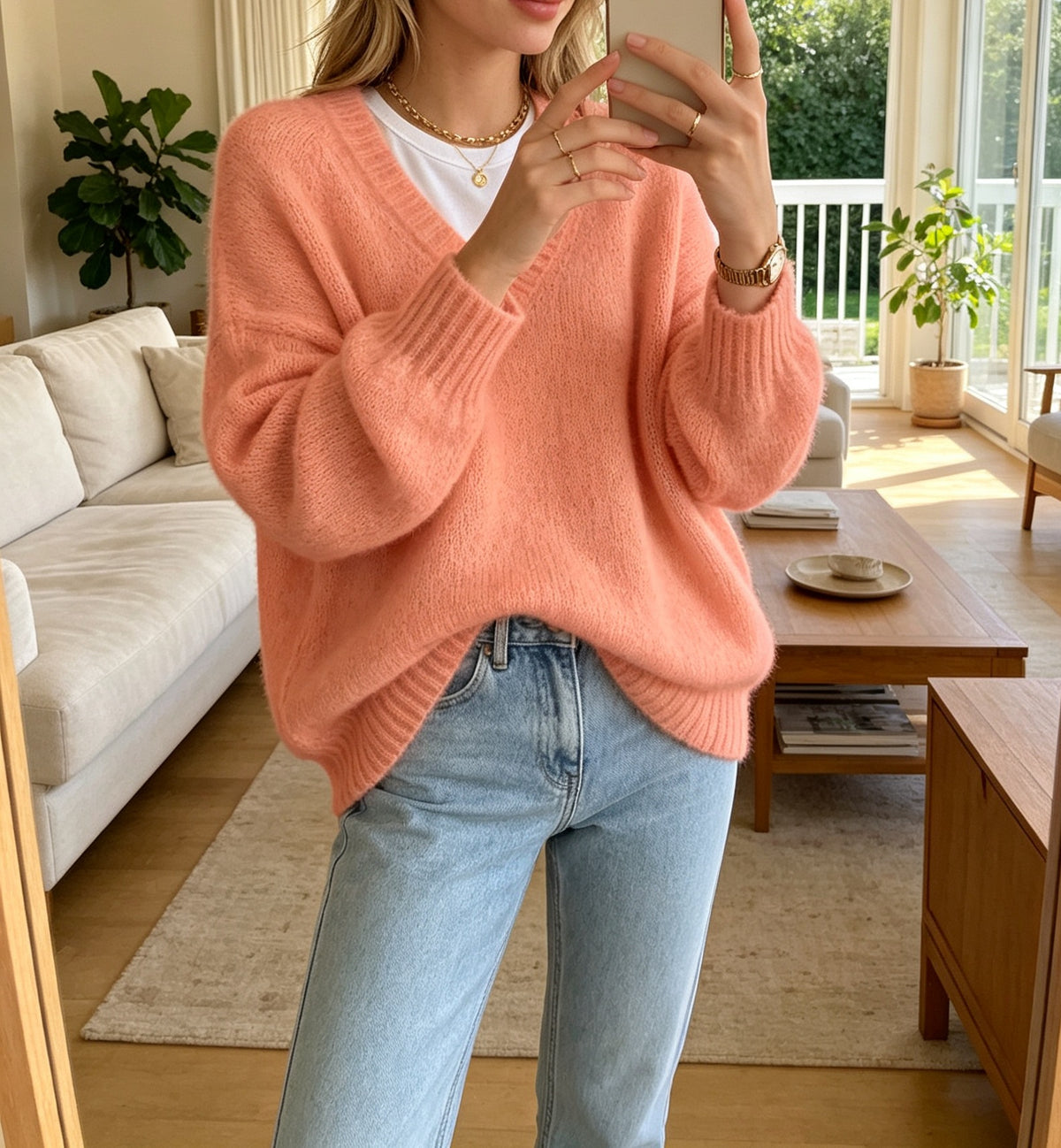 Klaartje | Fuzzy Knit V-Neck Sweater with Drop Shoulder for Women