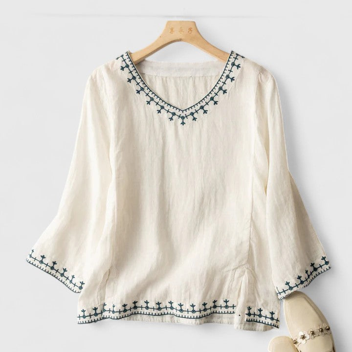 Taysia | Women's V-Neck Blouse Embroidered Long Sleeve Top