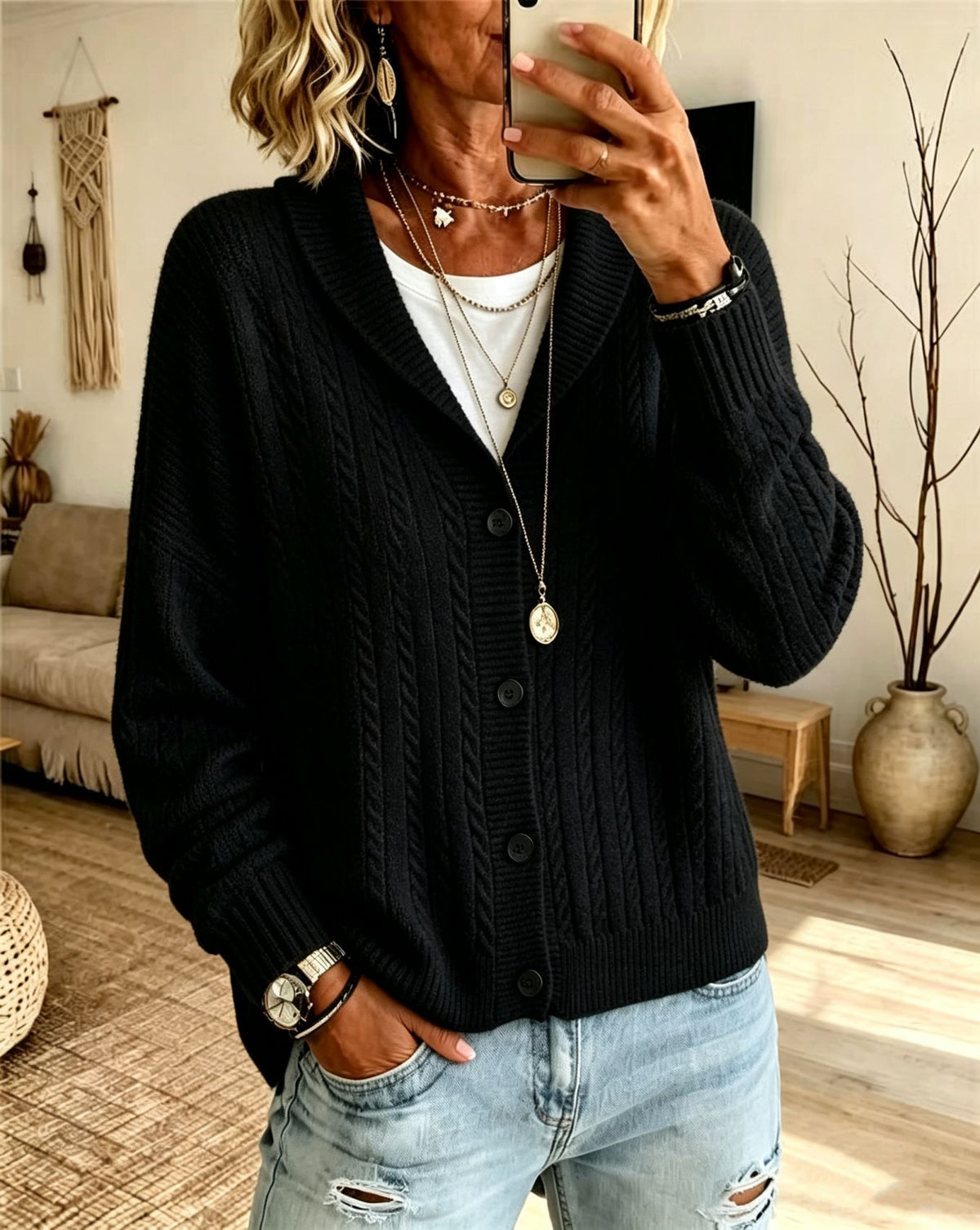 Vreneli | Ribbed Cable Knit Button-Front Cardigan for Women