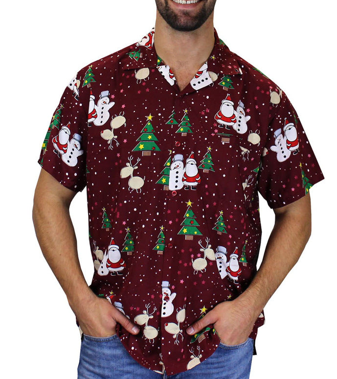 Mateo | Short Sleeve Christmas Blouse with Santa Print for Men