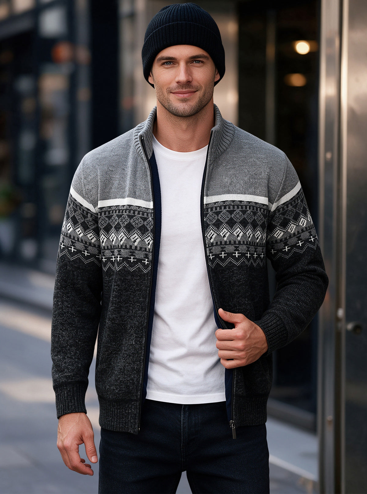 Sixte | Fair Isle Zip-Front Knit Cardigan for Men
