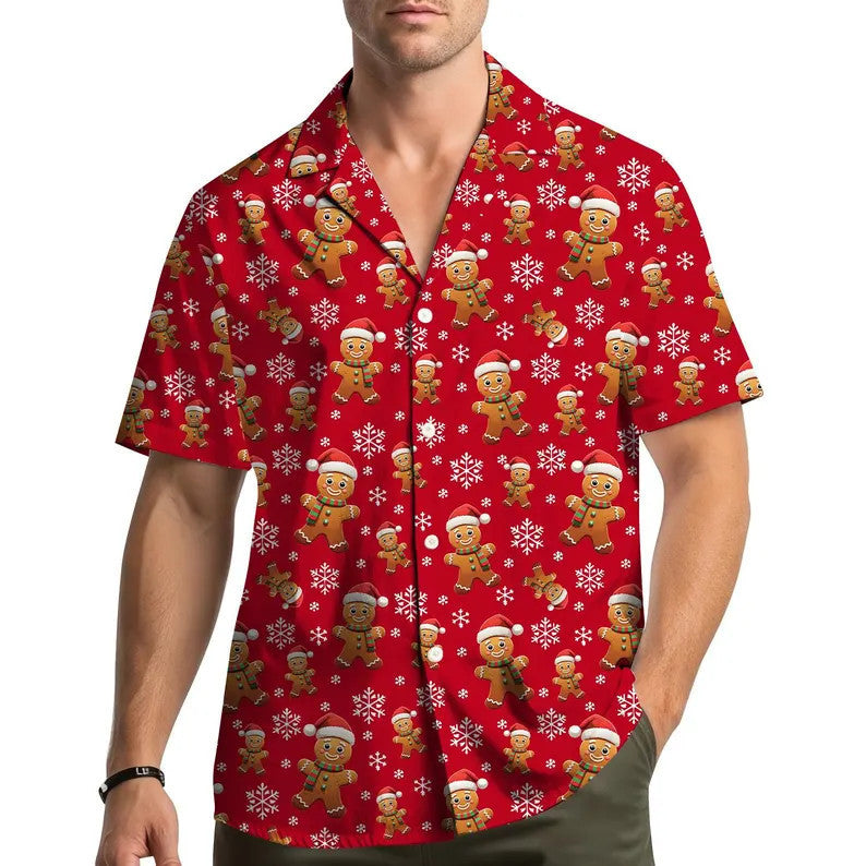 Lucien | Gingerbread Print Short Sleeve Christmas Blouse for Men
