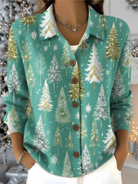 Lilian | Christmas Sweater with Tree Print Button Collar