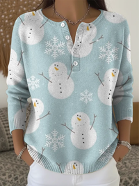 Thalie | Snowman Print Button-Collar Christmas Sweater for Women