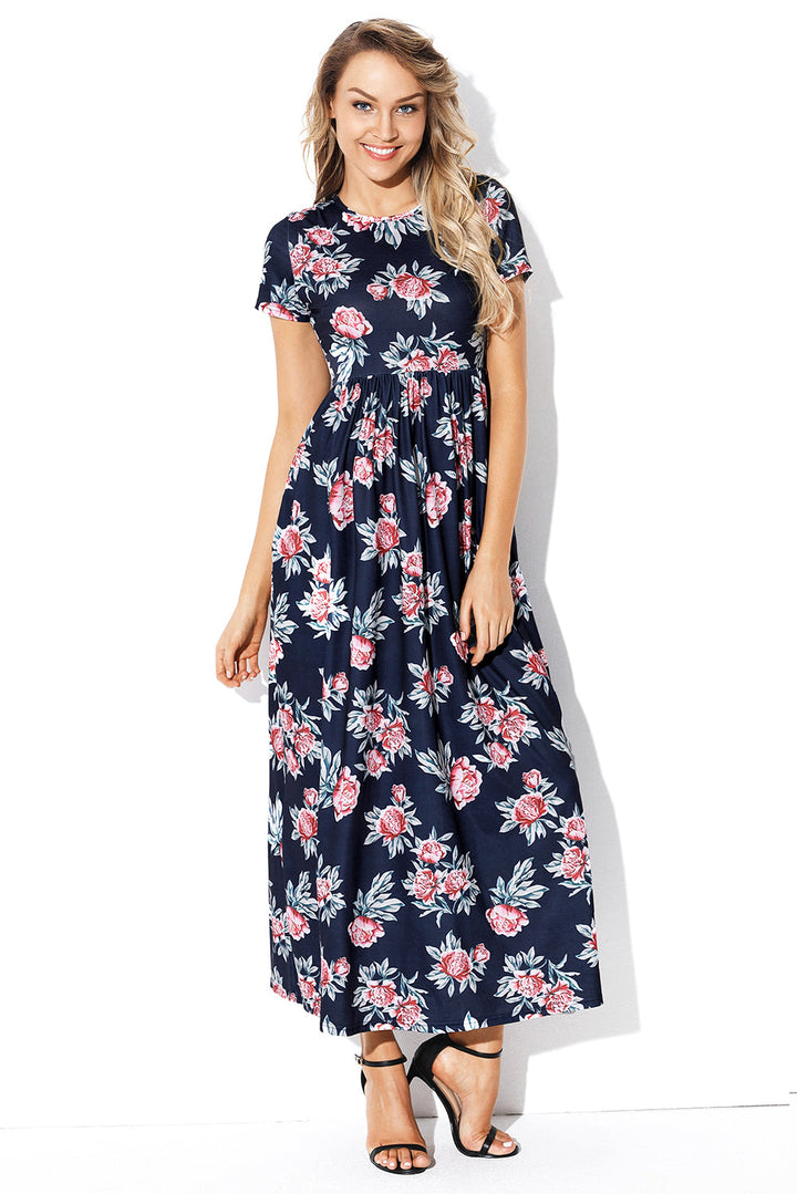 Pocket Design Short Sleeve Black Floral Maxi Dress