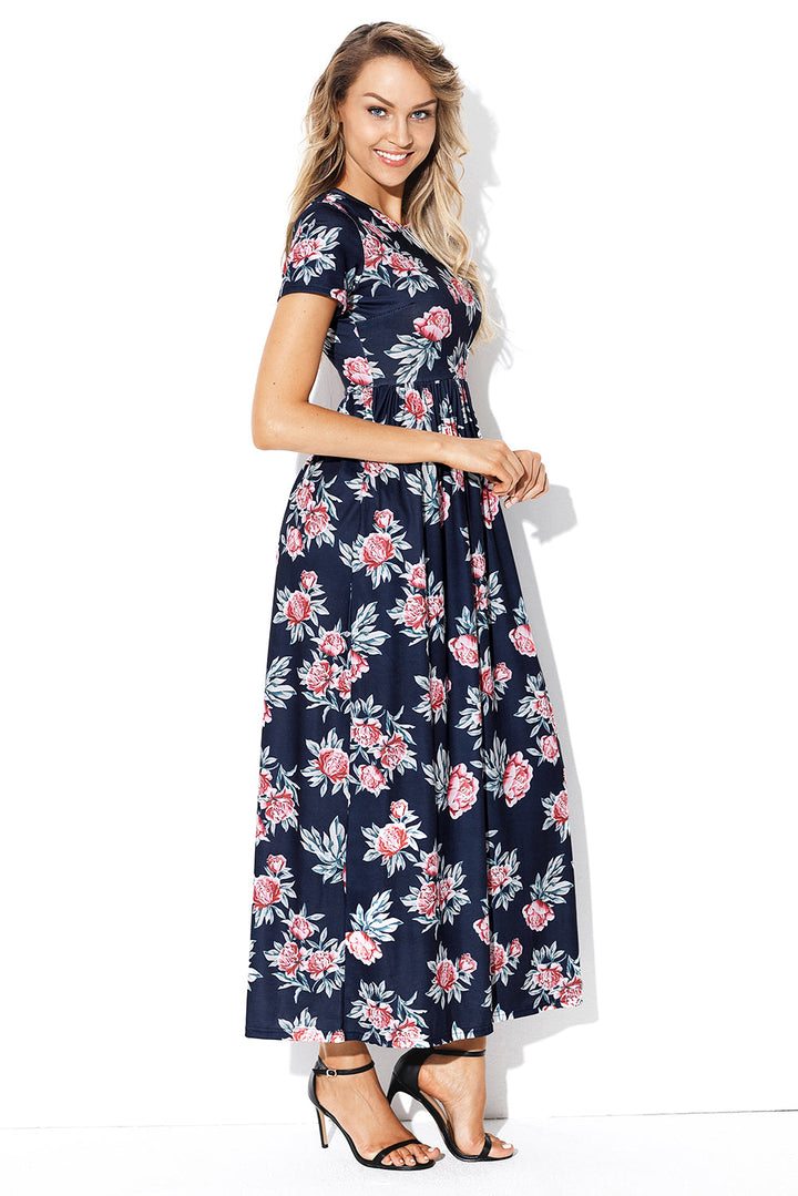 Pocket Design Short Sleeve Black Floral Maxi Dress