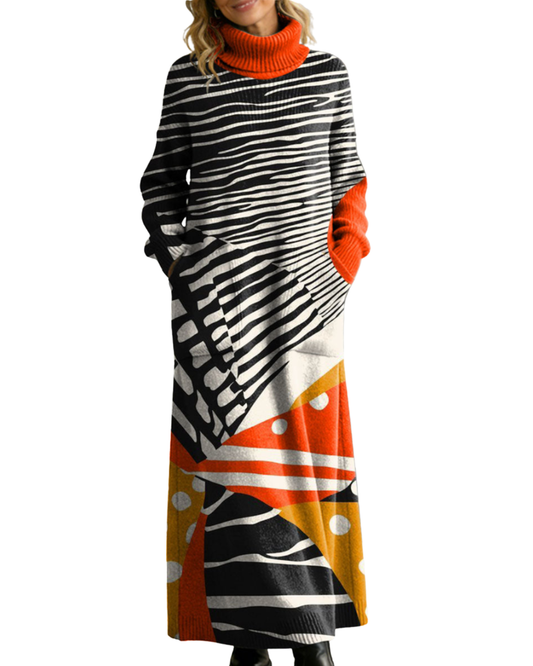 Romee | Retro Abstract Geometric Colorful Splicing Patterns Art High-neck Long-sleeve Casual Loose Knit Dress
