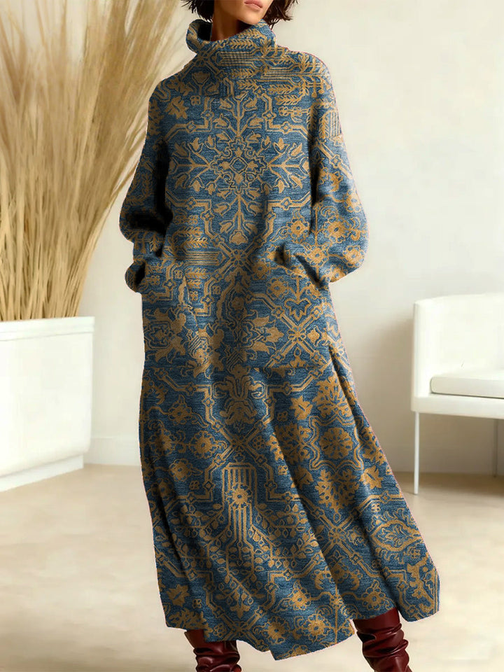 Rose | Retro Symmetrical Floral Pattern Art Print Casual Cotton Knitted Dress