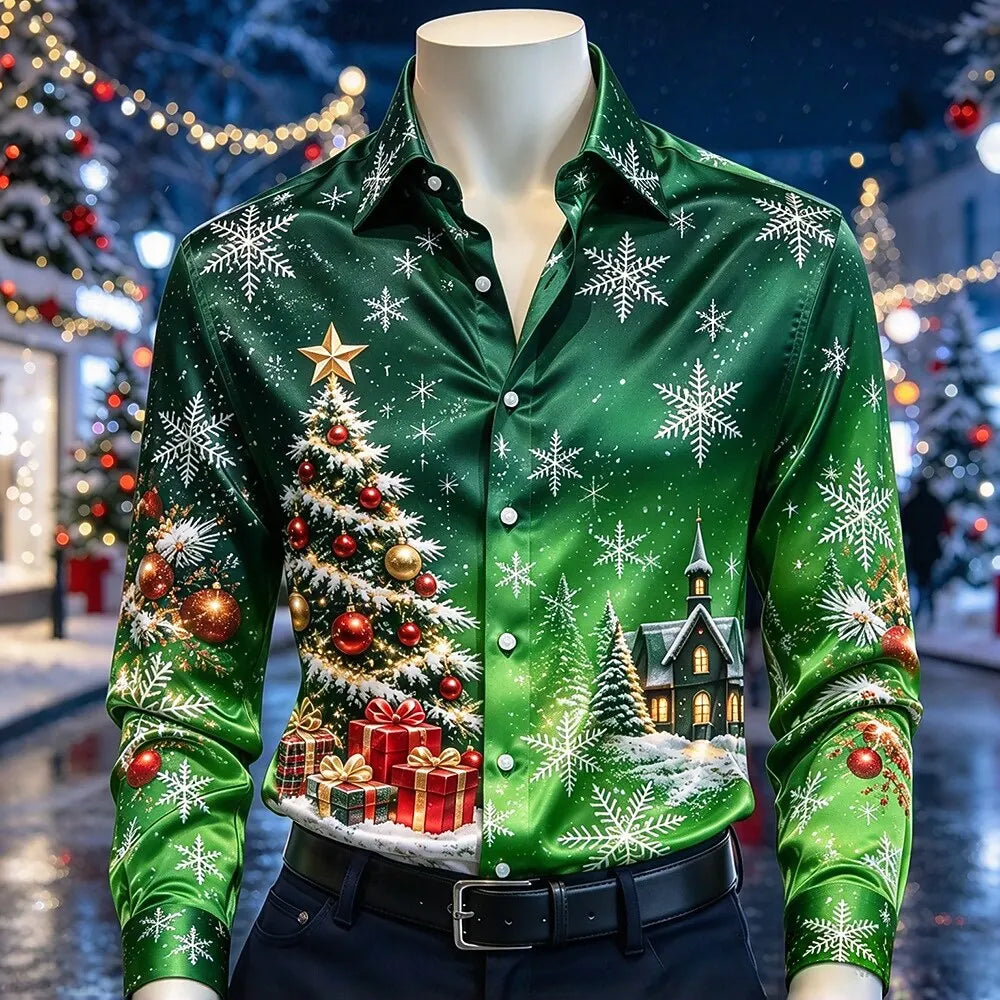 Trevor | Satin Christmas Blouse with Snowflake Print for Men