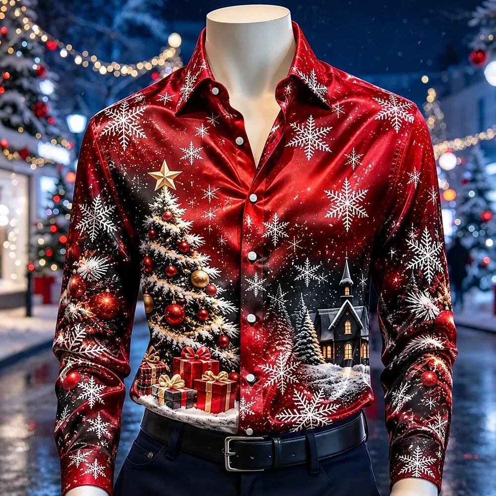 Trevor | Satin Christmas Blouse with Snowflake Print for Men