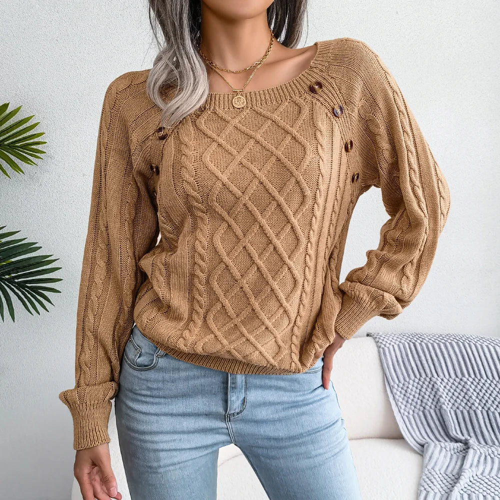 Editha | Cable Knit Sweater with Square Neck Buttons for Women