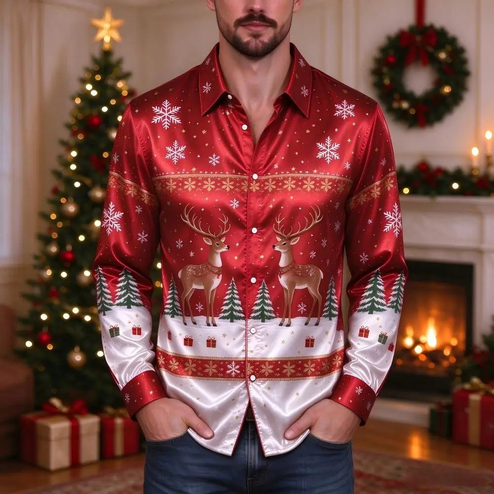 Ubbo | Satin Bell Print Button-Down Christmas Blouse for Men