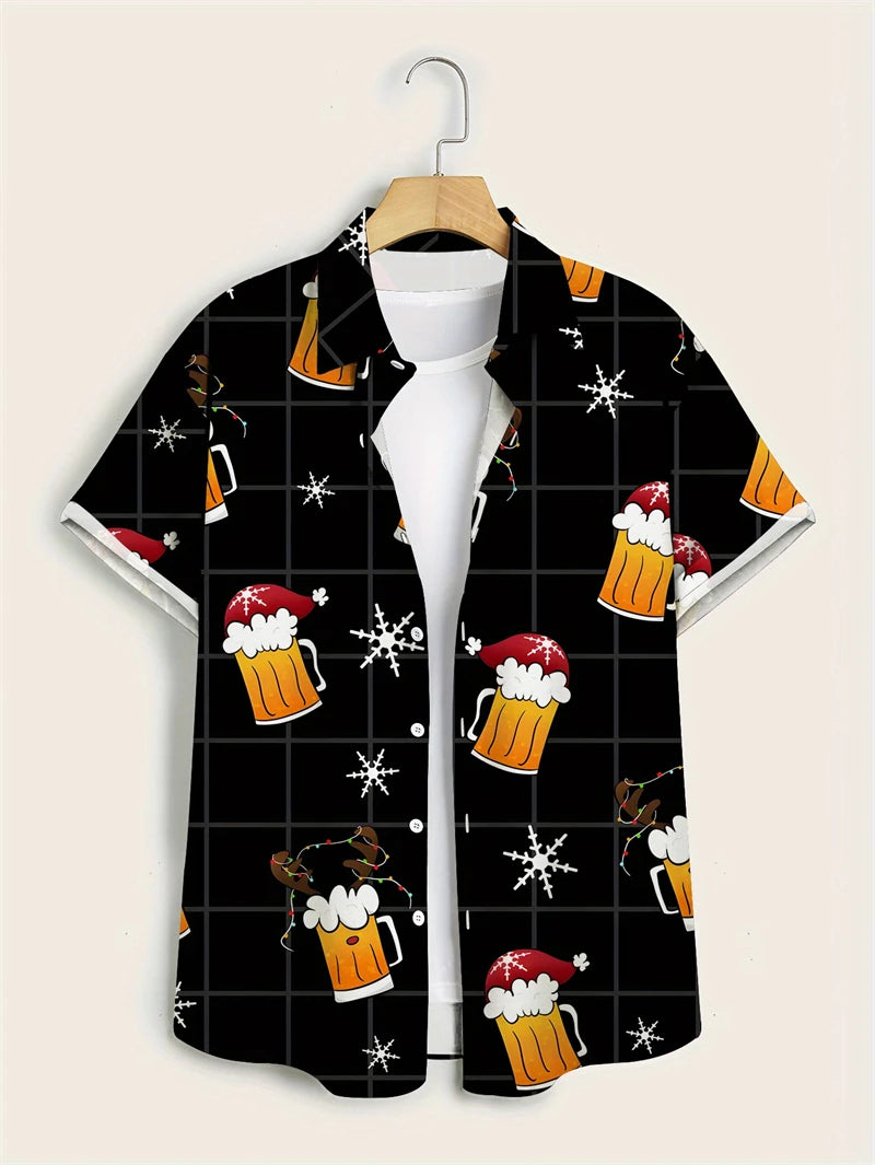 Henning | Santa Print Short Sleeve Christmas Blouse for Men