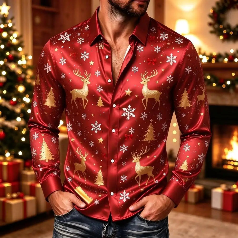 Ubbo | Satin Bell Print Button-Down Christmas Blouse for Men