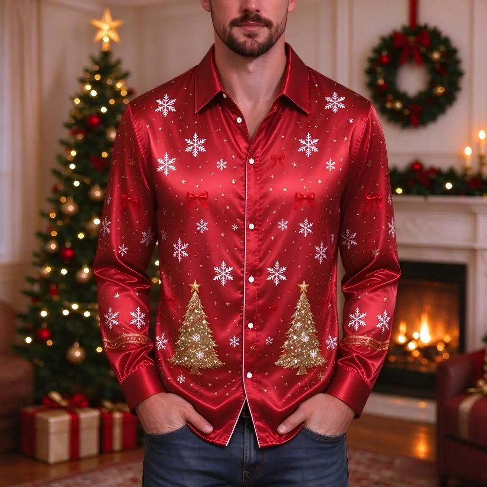 Ubbo | Satin Bell Print Button-Down Christmas Blouse for Men