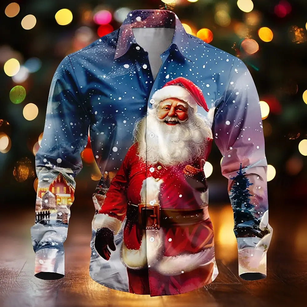 Cedric | Santa Print Button-Down Christmas Blouse for Men