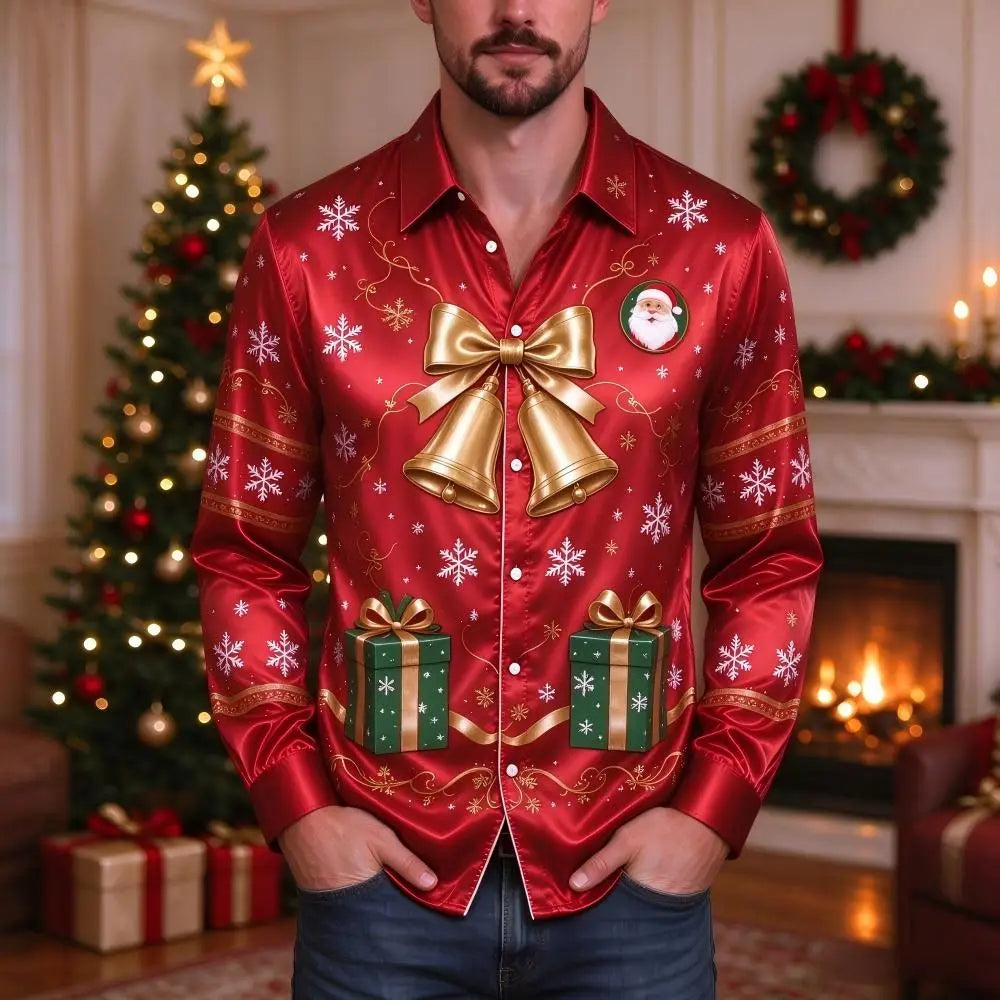 Ubbo | Satin Bell Print Button-Down Christmas Blouse for Men