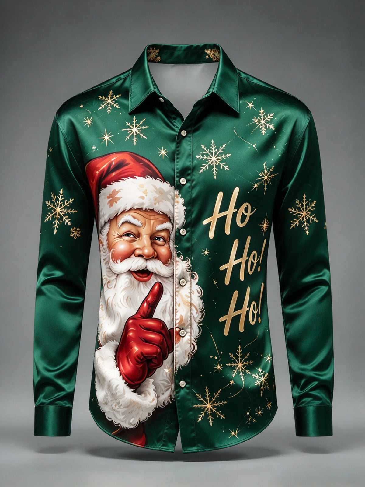 Cruz | Satin Christmas Blouse Ho Ho Ho Santa Print Button-Up Shirt