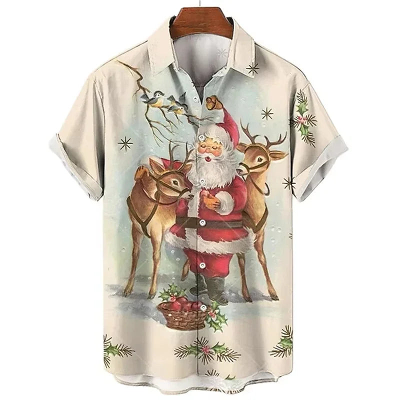 Carter | Short Sleeve Christmas Blouse with Santa Print for Men