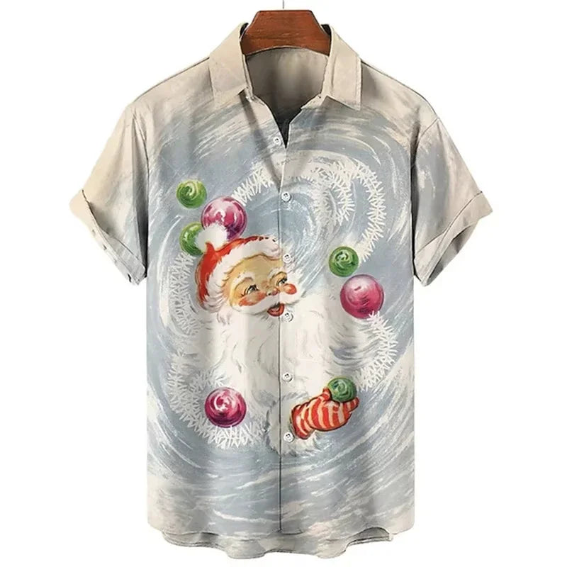 Carter | Short Sleeve Christmas Blouse with Santa Print for Men