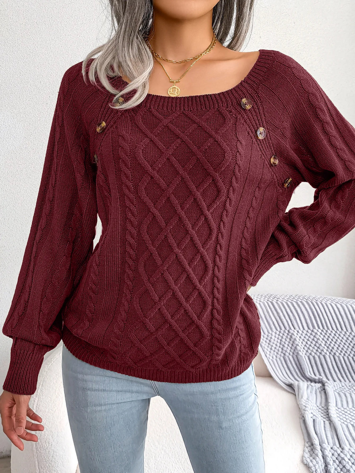 Editha | Cable Knit Sweater with Square Neck Buttons for Women