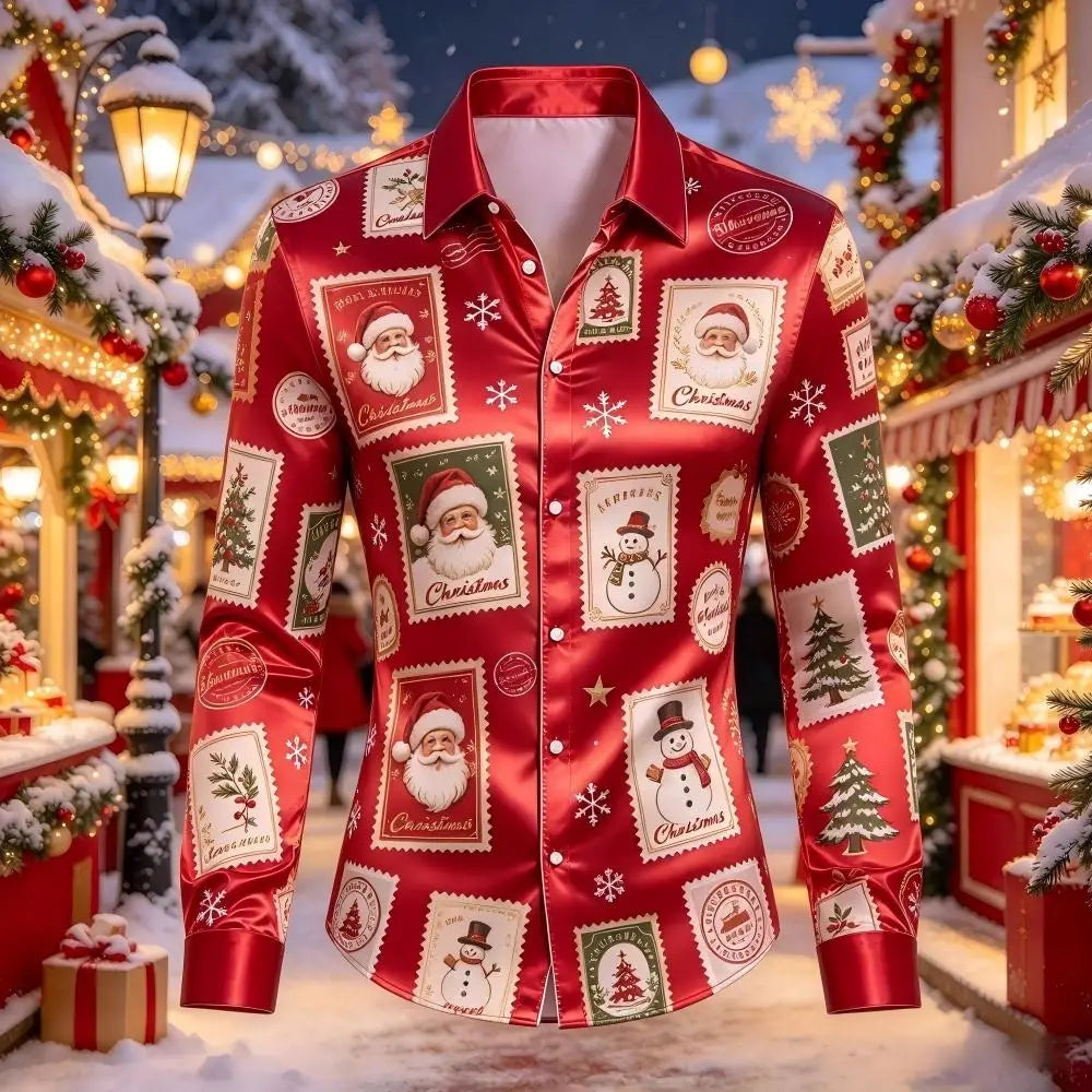 Leopold | Satin Gingerbread Print Button-Down Christmas Blouse