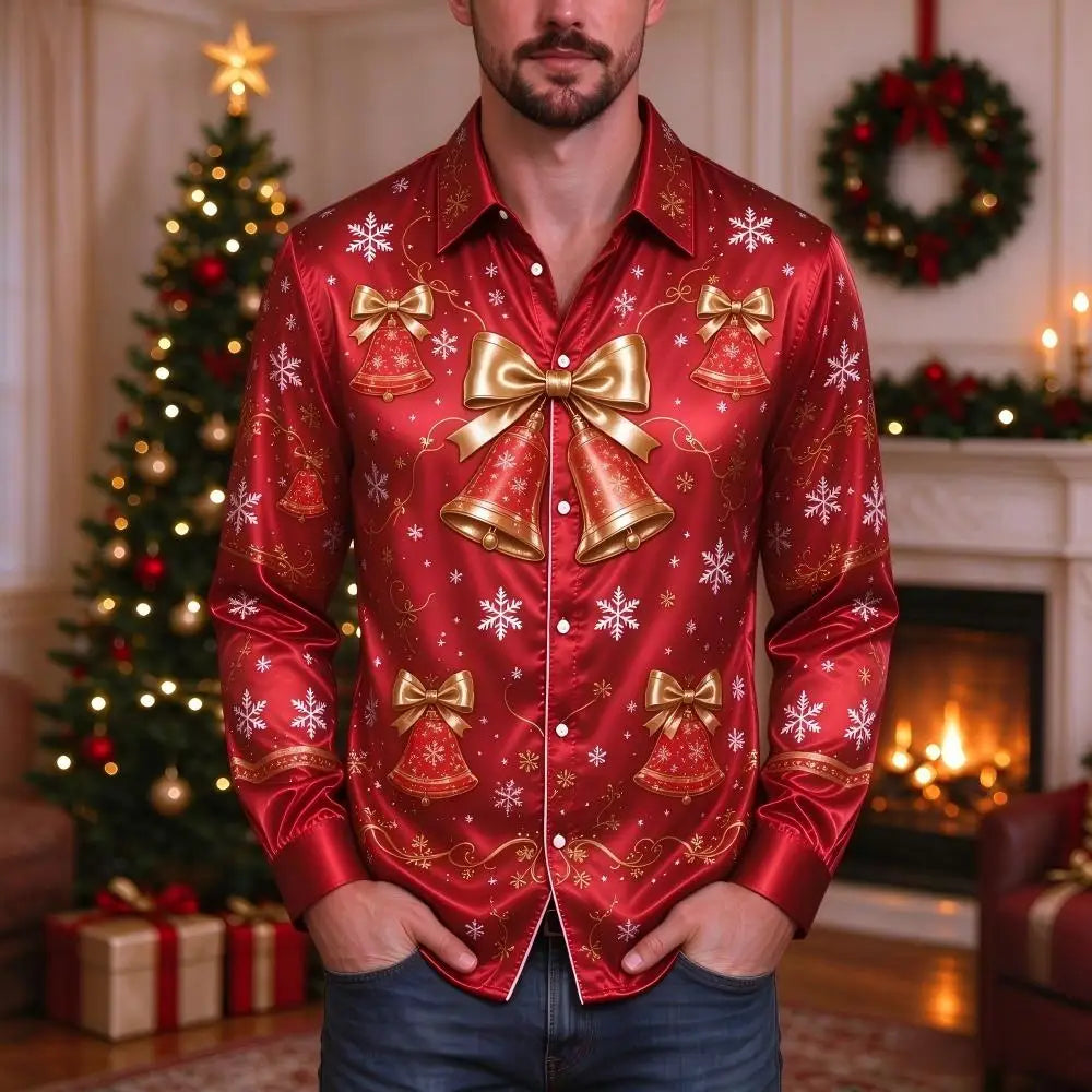 Ubbo | Satin Bell Print Button-Down Christmas Blouse for Men