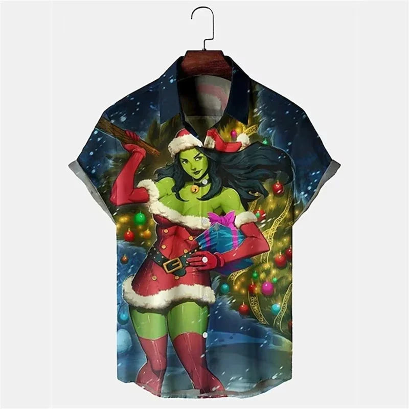 Carter | Short Sleeve Christmas Blouse with Santa Print for Men