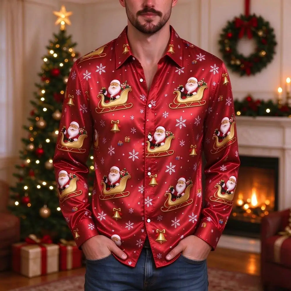 Ubbo | Satin Bell Print Button-Down Christmas Blouse for Men