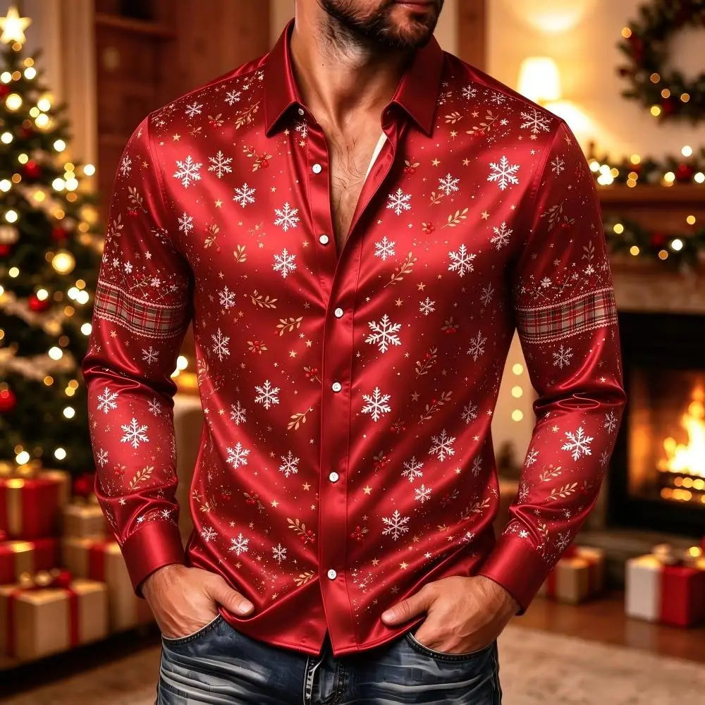 Ubbo | Satin Bell Print Button-Down Christmas Blouse for Men