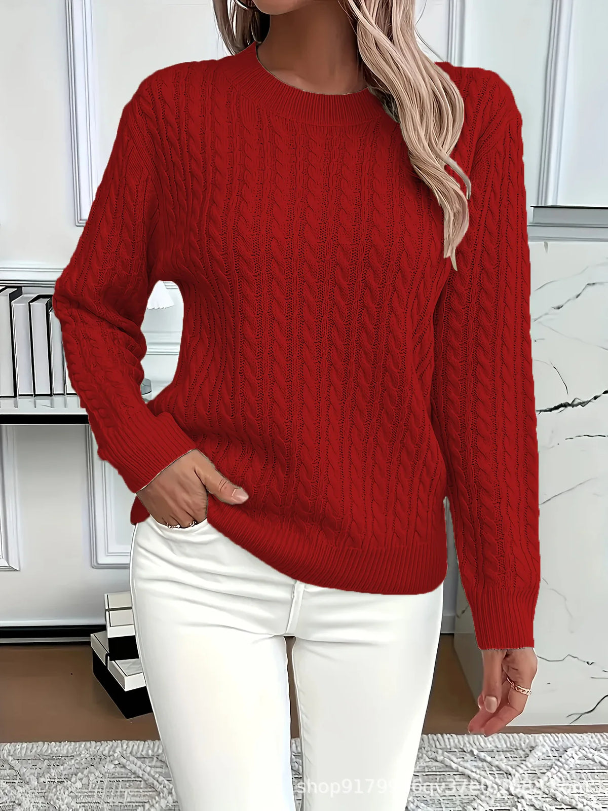Dagmar | Cable Knit Sweater Round Neck Pullover for Women