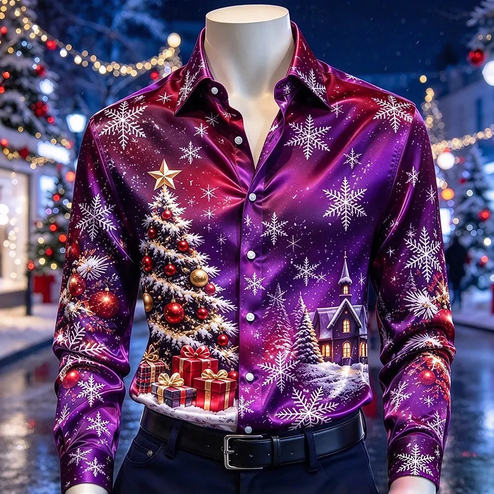 Trevor | Satin Christmas Blouse with Snowflake Print for Men