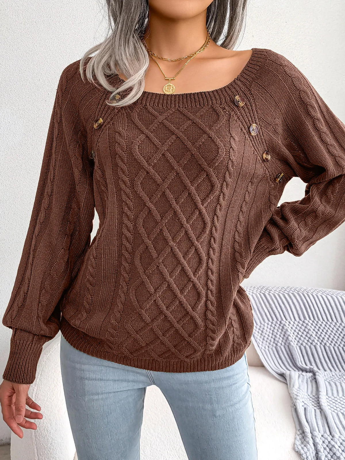 Editha | Cable Knit Sweater with Square Neck Buttons for Women