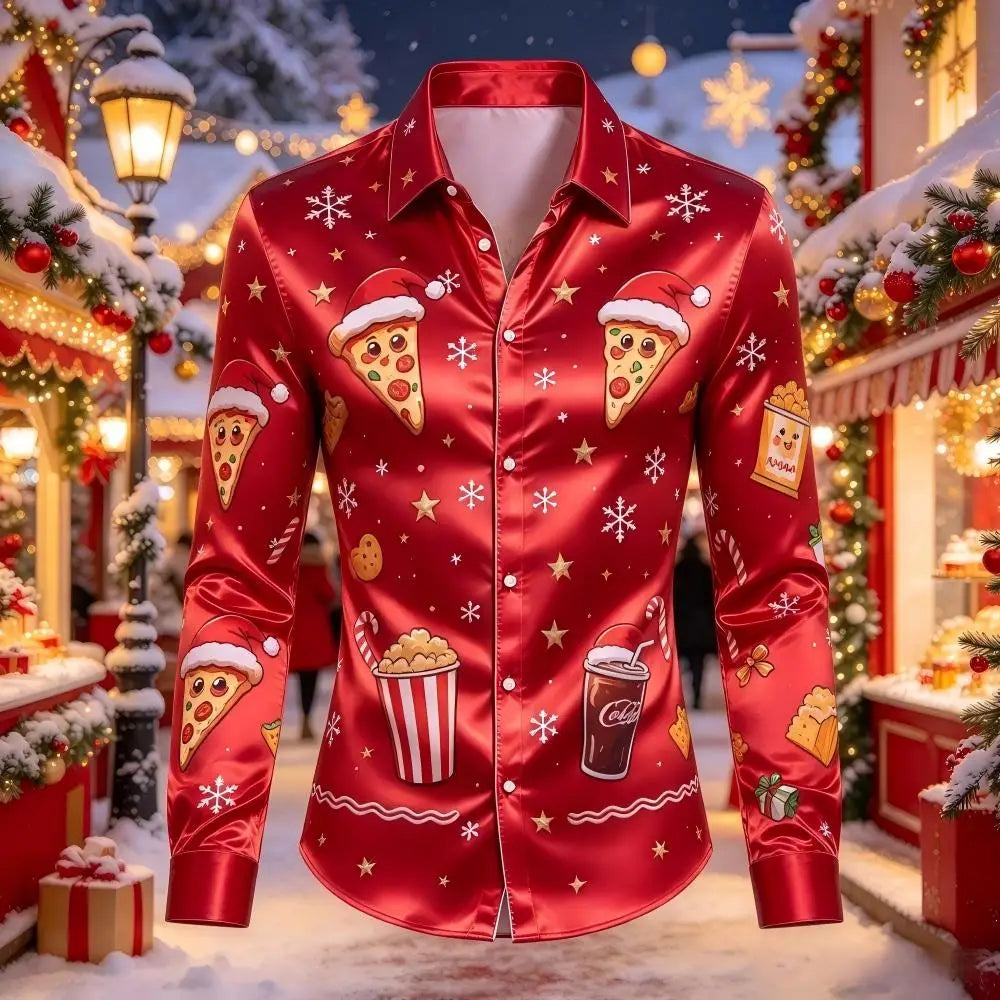 Leopold | Satin Gingerbread Print Button-Down Christmas Blouse