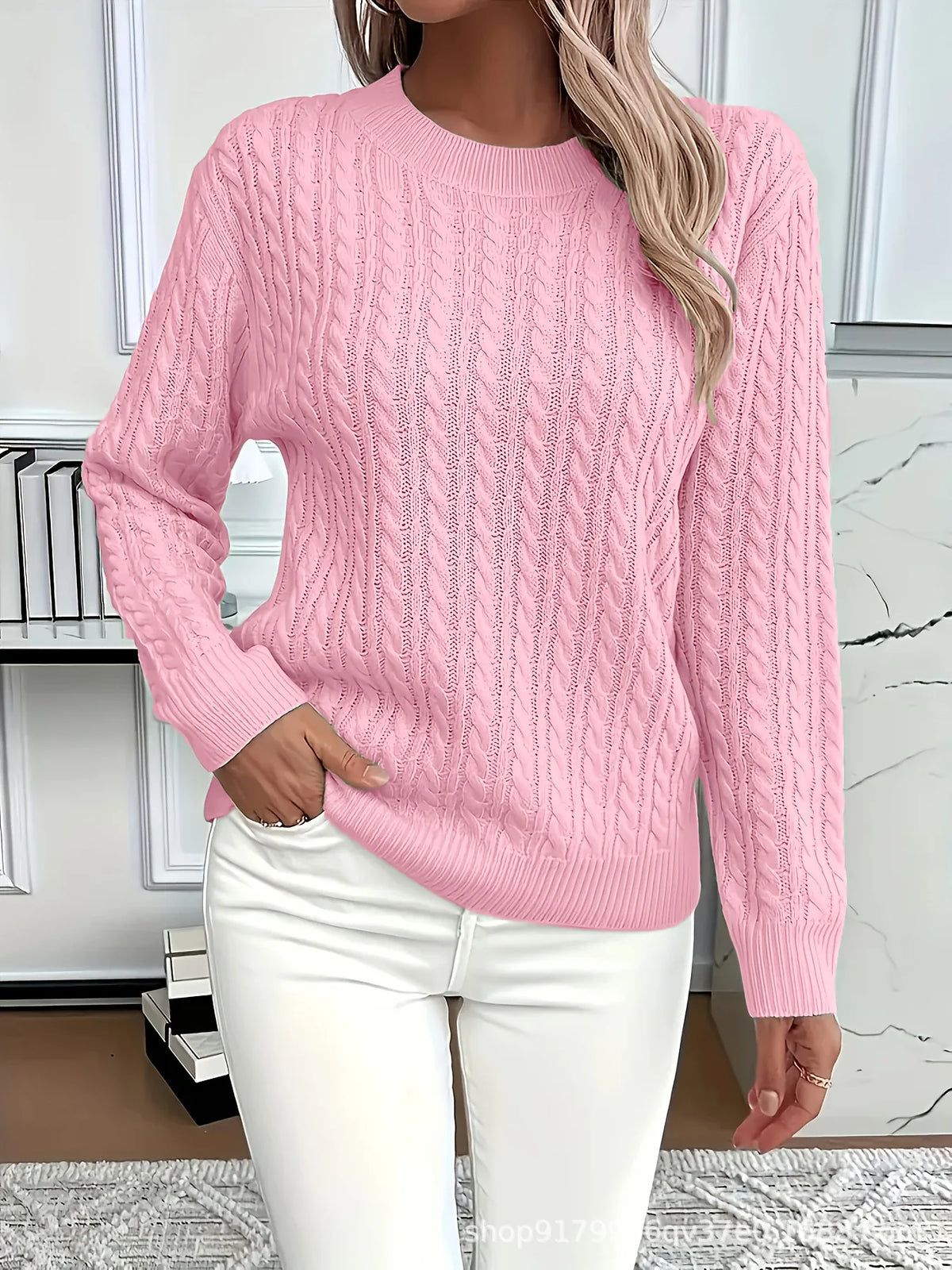 Dagmar | Cable Knit Sweater Round Neck Pullover for Women