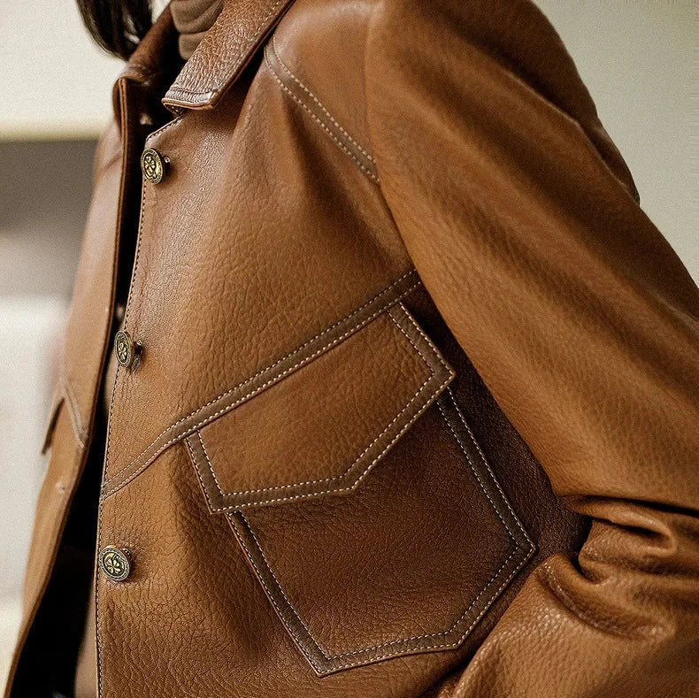 Dietlinde | Notch Lapel Leather Jacket with Patch Pockets