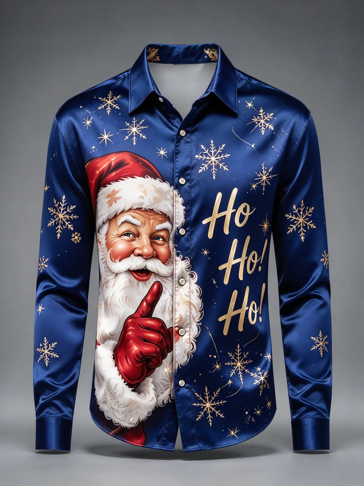 Cruz | Satin Christmas Blouse Ho Ho Ho Santa Print Button-Up Shirt
