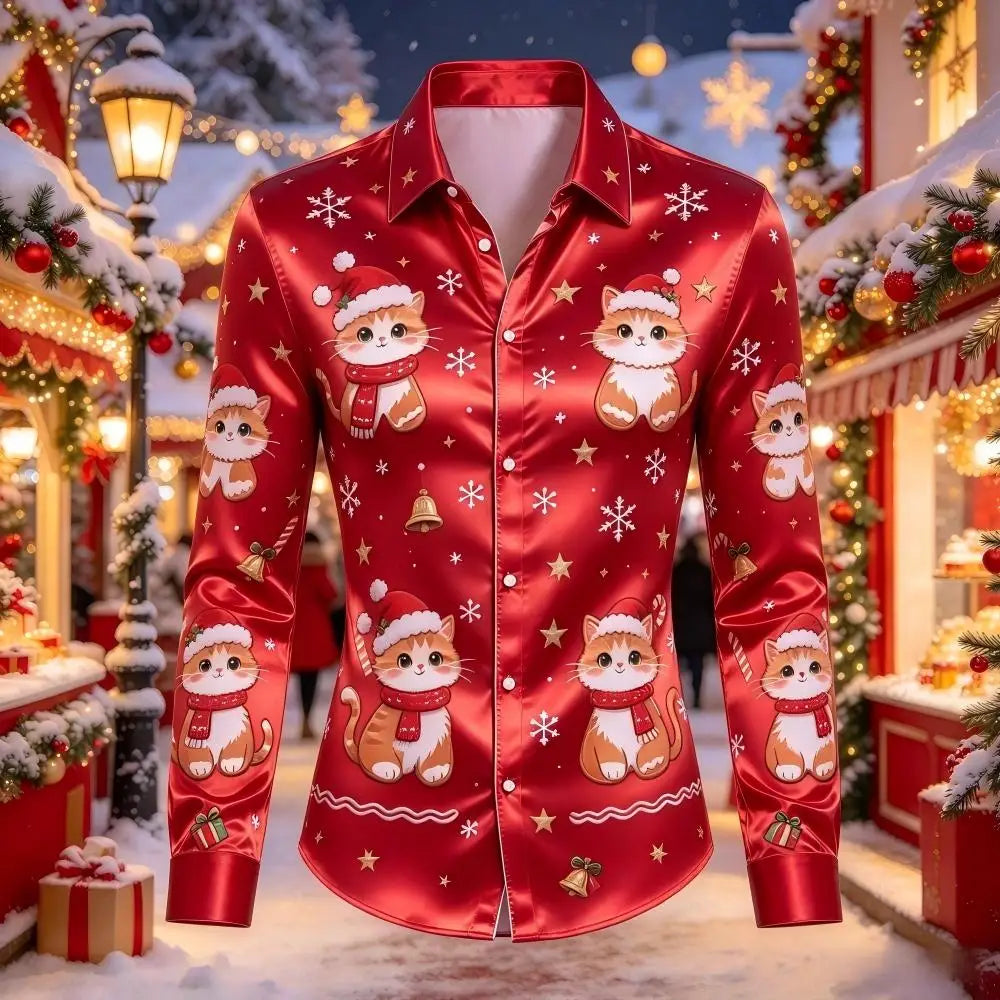 Leopold | Satin Gingerbread Print Button-Down Christmas Blouse